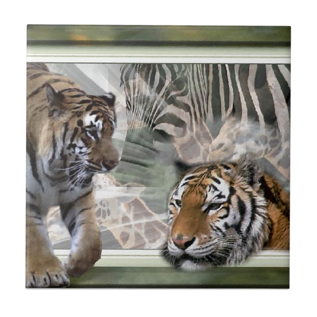 Azulejo De Cerâmica Tigres, Zebra, Girafa, Selva Primitiva (Frente)