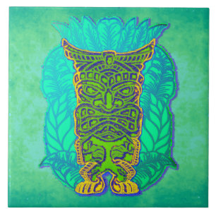 Azulejo De Cerâmica Tiki Verde sobre Turquesa Grungy