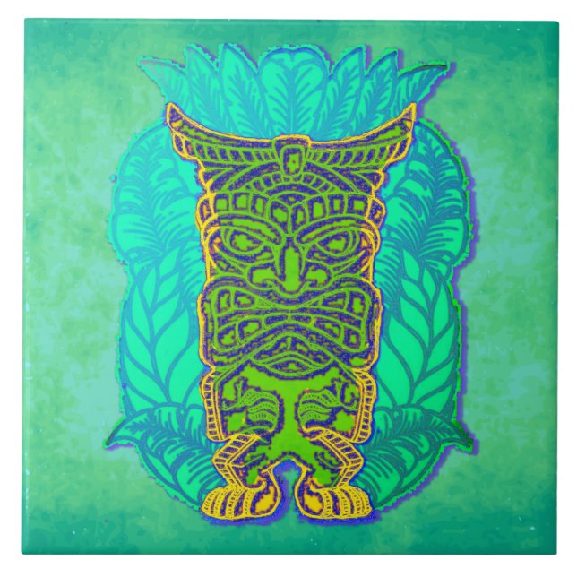 Azulejo De Cerâmica Tiki Verde sobre Turquesa Grungy (Frente)