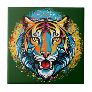 Azulejo De Cerâmica Tinta de cores do Arco-íris Cabeça de Tigre