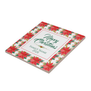 Azulejo De Cerâmica Tipografia de Feliz Natal e Padrão de Poinsettia