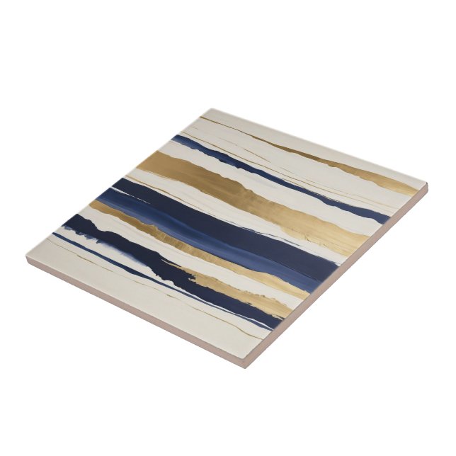 Azulejo De Cerâmica tiras abstrato de ouro, azuis e beges (Lateral)