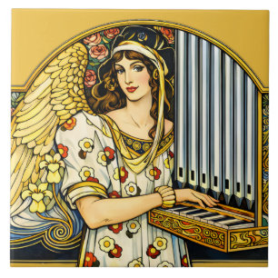 Azulejo De Cerâmica Toca-Órgão Anjo Art Nouveau Vintage Música