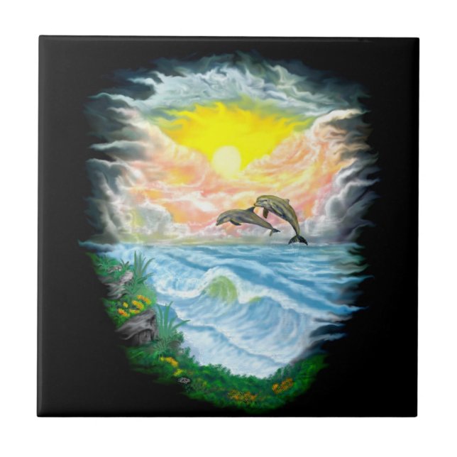 Azulejo De Cerâmica Tocando golfinhos ao sol (Frente)
