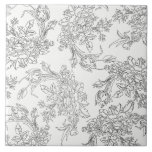 Azulejo De Cerâmica Toil Floral Branco Clássico e Preto<br><div class="desc">Design floral elegante com delitos pretos delicados de rosas e tulipas sobre fundo transparente. (Branco utilizado na amostra).</div>