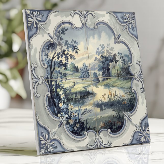 Azulejo De Cerâmica Toile Azul e Branco Estilo Pastoral Campestre Fran (Criador carregado)