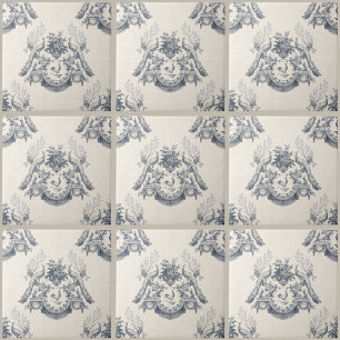 Azulejo De Cerâmica Toile Azul Francês Vintage Pavão Coelho e Galo