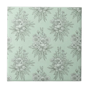 Azulejo De Cerâmica Toile Botânico Verde Menta com Ramalhetes Florais