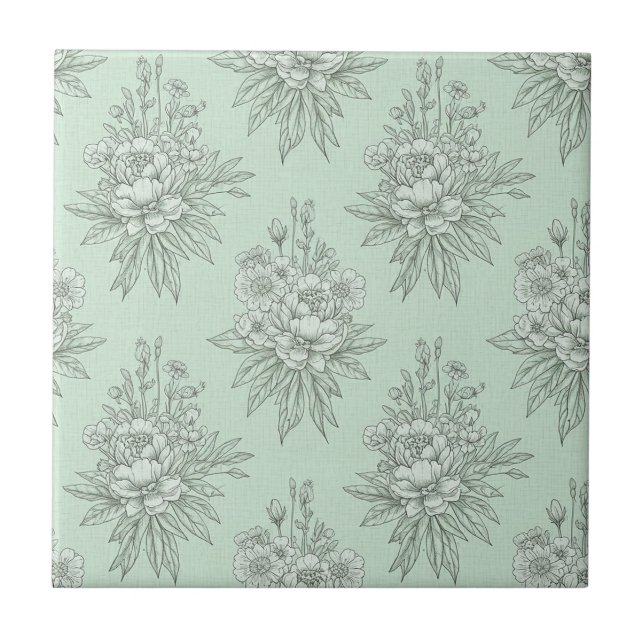Azulejo De Cerâmica Toile Botânico Verde Menta com Ramalhetes Florais (Frente)
