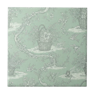 Azulejo De Cerâmica Toile Botânico Verde Menta com Ramalhetes Florais 