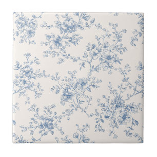 Azulejo De Cerâmica Toile Buquê Floral Azul Creme Botânico Vintage 