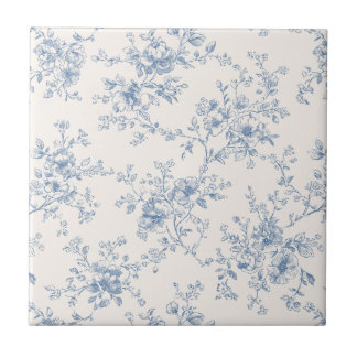 Azulejo De Cerâmica Toile Buquê Floral Azul Creme Botânico Vintage