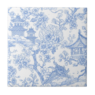 Azulejo De Cerâmica Toile de Chinoiserie Azul Dragão Flor de Cerejeira