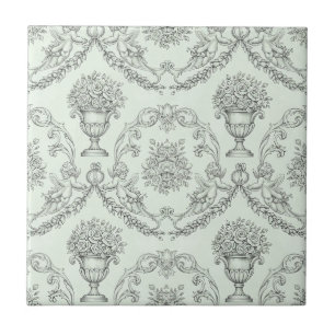 Azulejo De Cerâmica Toile de Jouí Verde Menta com Querubim Barroco e U