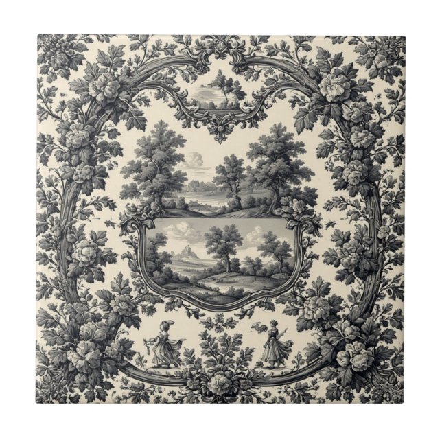 Azulejo De Cerâmica Toile De Jouy Countryside Floral Motif Monochrome  (Frente)