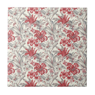 Azulejo De Cerâmica Toile de Jouy Deep Red e Sutitle Cinza Floral