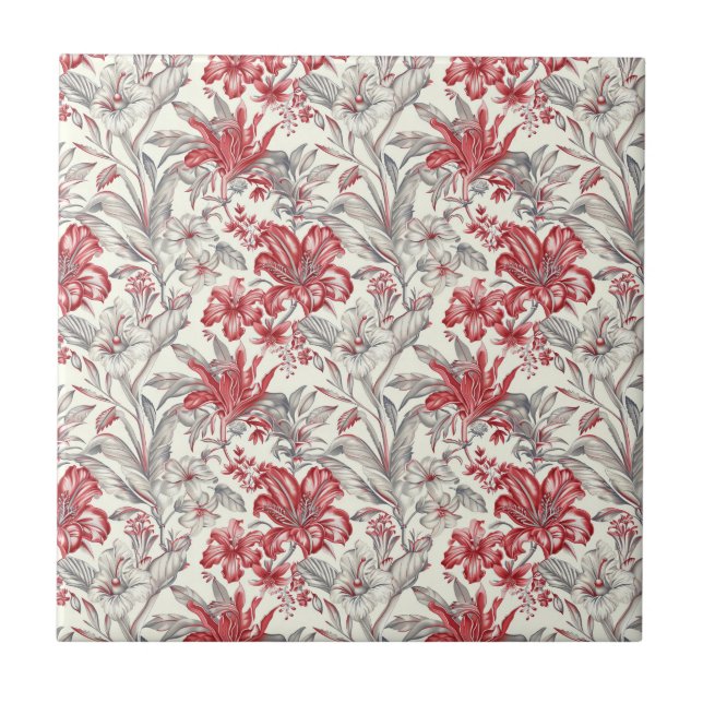 Azulejo De Cerâmica Toile de Jouy Deep Red e Sutitle Cinza Floral (Frente)