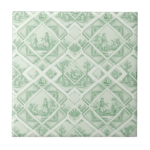 Azulejo De Cerâmica Toile de Jouy Verde Salvia com Cenas Pastoris