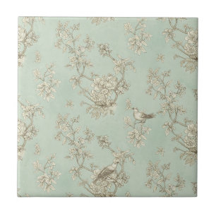 Azulejo De Cerâmica Toile de Verde Menta Francês com Pássaros e Flores
