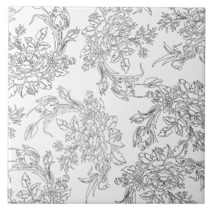 Azulejo De Cerâmica Toile floral branco e preto clássico