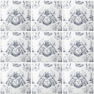 Azulejo De Cerâmica Toile Pavão Azul Francês Vintage Galo e Coelho