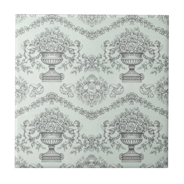 Azulejo De Cerâmica Toile Verde Menta com Querubim Barroco e Urna Flor (Frente)