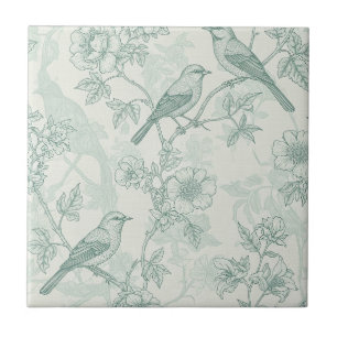 Azulejo De Cerâmica Toile Verde Menta Francês Country Pássaros e Flora