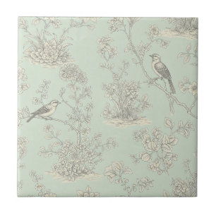 Azulejo De Cerâmica Toile Verde Menta Francês Pássaros e Floral 3
