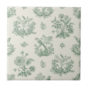 Azulejo De Cerâmica Toile Verde Menta Francês Pássaros e Floral 4