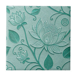 Azulejo De Cerâmica Tons de Verde Pastel com Estampa de Lótus em Relev