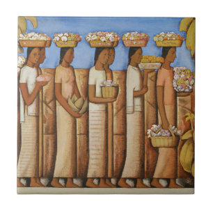 Azulejo De Cerâmica Tons Terrosos Art Deco Mulheres Indígenas Mexicana