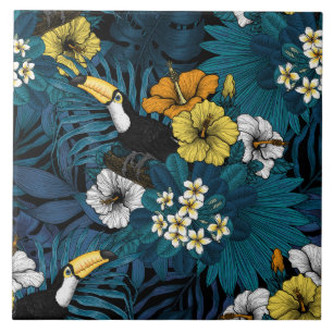 Azulejo De Cerâmica Toques e flora tropical, azul, amarelo, laranja