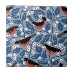 Azulejo De Cerâmica Tordo Americano Flor de Maçã Pássaro Flor