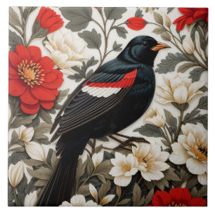 Azulejo De Cerâmica Tordo-de-asa-vermelha-elegante Floral Vermelho e C