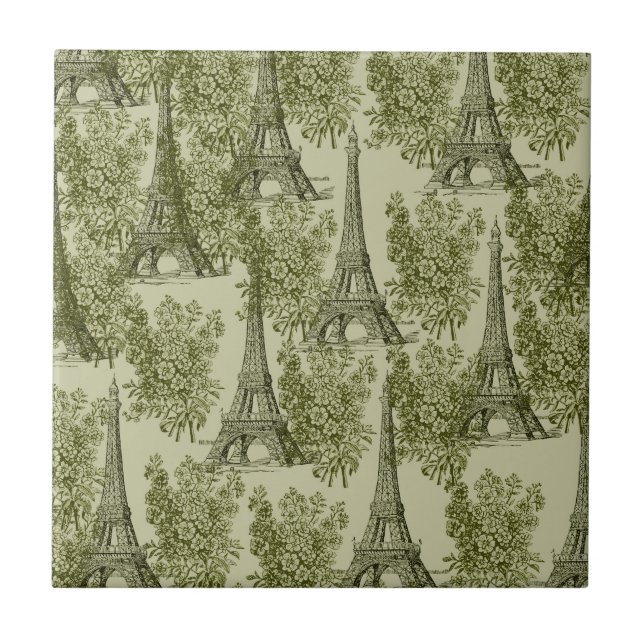 Azulejo De Cerâmica Torre Eiffel de Paris Verde Floral (Frente)