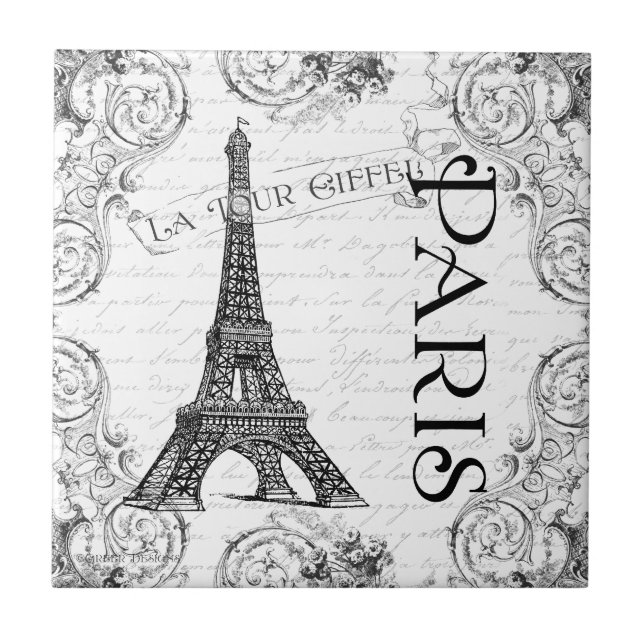 Azulejo De Cerâmica Torre Eiffel em preto e branco (Frente)