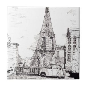 Azulejo De Cerâmica Torre Eiffel Paris França Caneta Tinta Ilustração