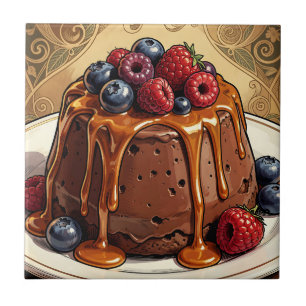 Azulejo De Cerâmica Torta de Chocolate Caramel Decadente com Frutas Ve