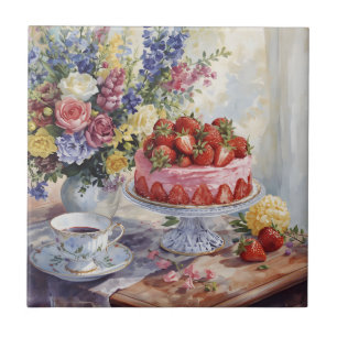 Azulejo De Cerâmica Torta de Morango em Aquarela e Natureza Morta de F
