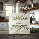 Azulejo De Cerâmica Toscana Rustic Olives Italia Brown Script<br><div class="desc">Bella Cucina buquê de aquarela rustica de ramos e folhas. Feito em um roteiro marrom. Combine & com outros azulejos neste mesmo tema de coordenação para criar a sua aparência perfeita. 100% de satisfação do cliente com o "Zazzle" todos os dias.</div>