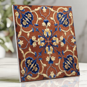 Azulejo De Cerâmica Toscano Terracota Floral Azul e Dourado