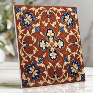 Azulejo De Cerâmica Toscano Terracota Floral Azul e Dourado