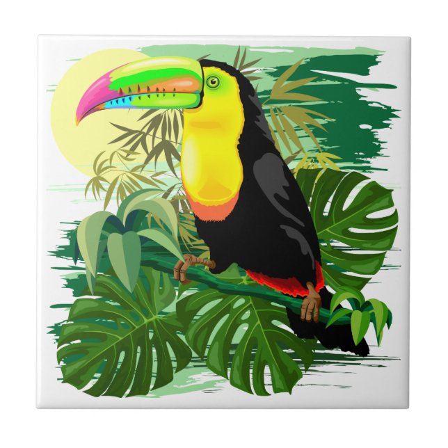 Azulejo De Cerâmica Toucan na floresta húmida verde de Amazónia (Frente)