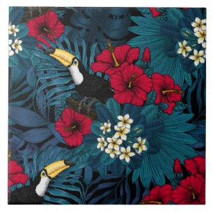 Azulejo De Cerâmica Toucans e flora tropical, verdes e vermelhas