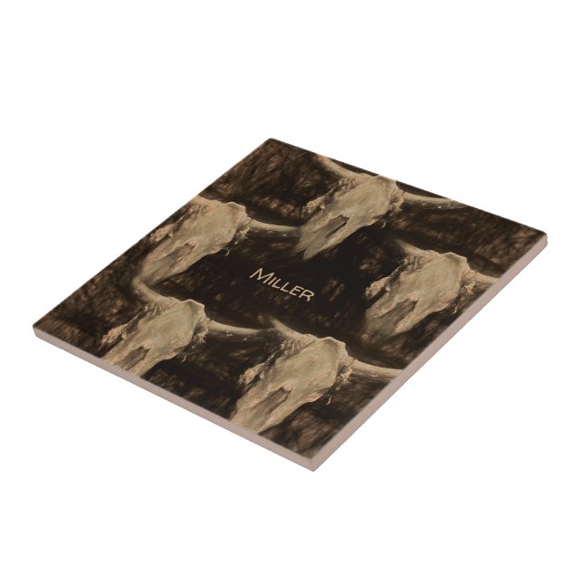 Azulejo De Cerâmica Touro Crânio Ocidental País Russo Marrom Sepia Art (Lateral)