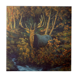 Azulejo De Cerâmica Touro Elk na Floresta do outono