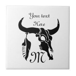 Azulejo De Cerâmica Touro Longhorn Tribal com pena preta