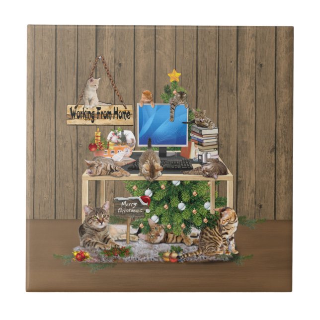 Azulejo De Cerâmica Trabalho de Natal de casa com meus gatos (Frente)