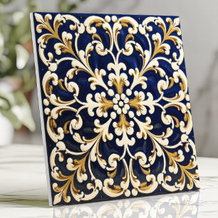 Azulejo De Cerâmica Trabalho de Rolo Azul e Dourado Ornamentado