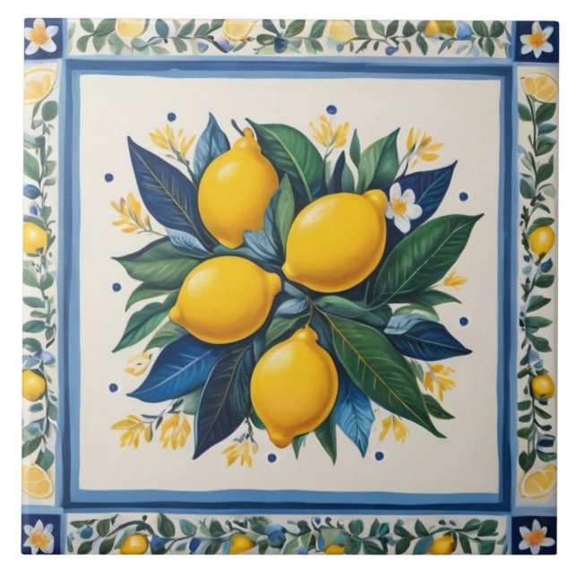Azulejo De Cerâmica Traditional Lemons Blue Green Yellow White Classic (Frente)